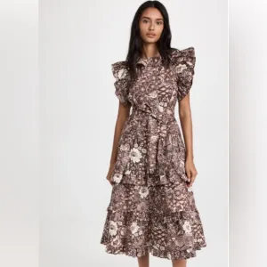 Ulla Johnson Elsie Brown Floral Ruffle Midi Dress Size 2 NWOT