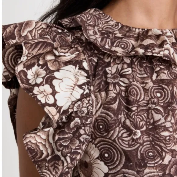 Ulla Johnson Elsie Brown Floral Ruffle Midi Dress Size 2 NWOT