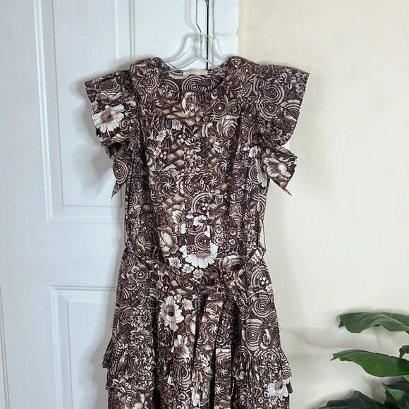 Ulla Johnson Elsie Brown Floral Ruffle Midi Dress Size 2 NWOT