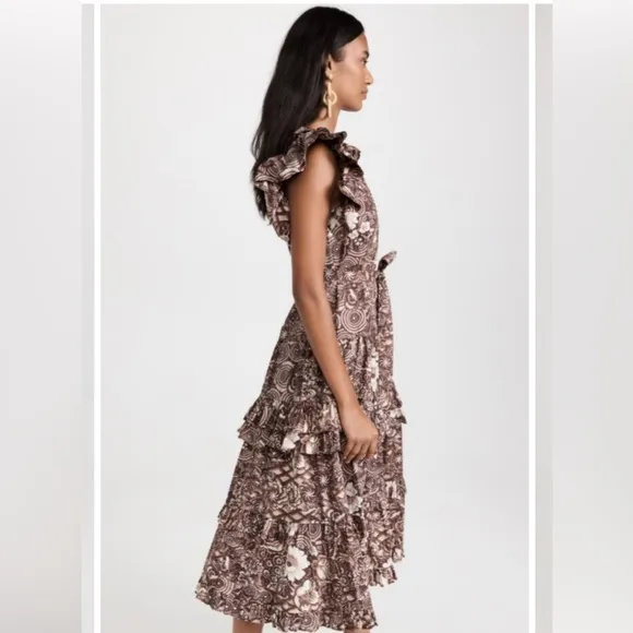 Ulla Johnson Elsie Brown Floral Ruffle Midi Dress Size 2 NWOT