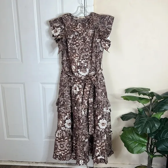 Ulla Johnson Elsie Brown Floral Ruffle Midi Dress Size 2 NWOT