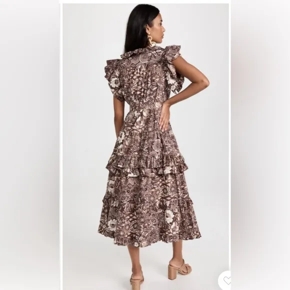 Ulla Johnson Elsie Brown Floral Ruffle Midi Dress Size 2 NWOT