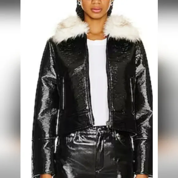 Unreal fur wet look aviator jacket