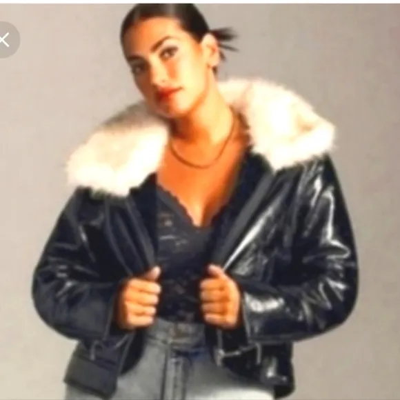 Unreal fur wet look aviator jacket