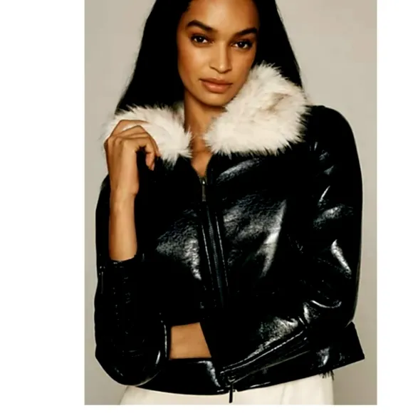 Unreal fur wet look aviator jacket