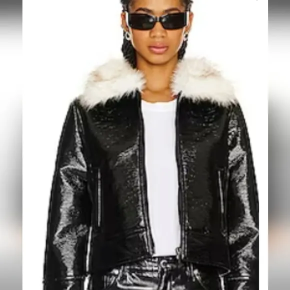 Unreal fur wet look aviator jacket