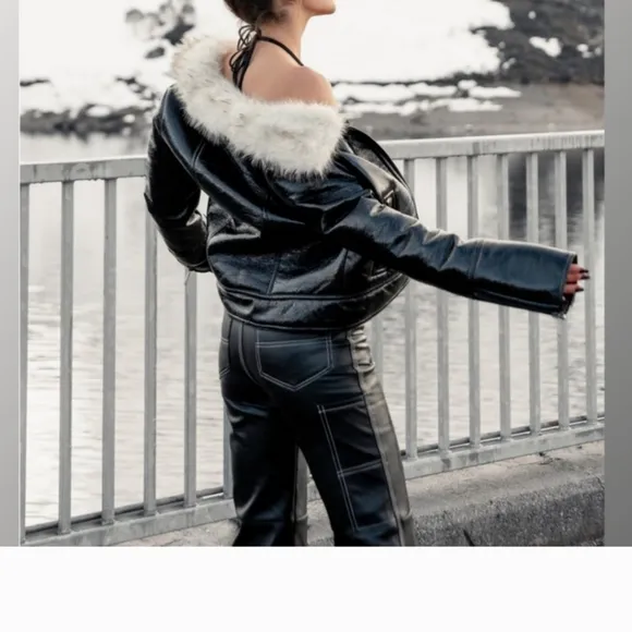 Unreal fur wet look aviator jacket