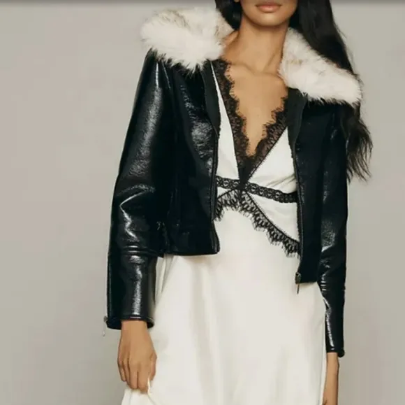 Unreal fur wet look aviator jacket