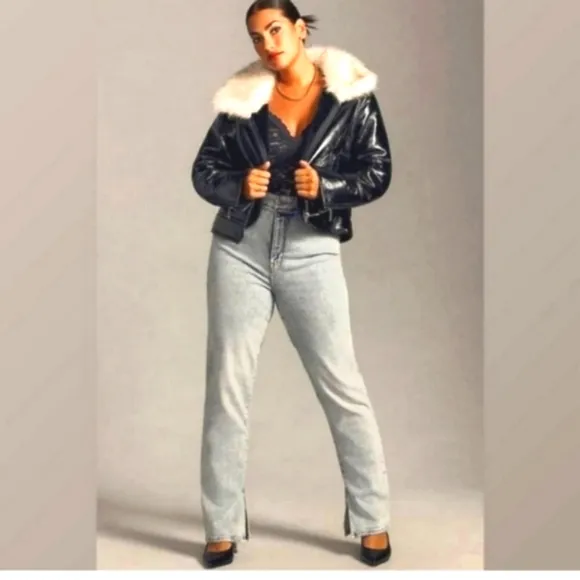 Unreal fur wet look aviator jacket
