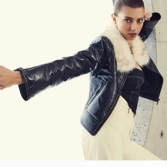 Unreal fur wet look aviator jacket