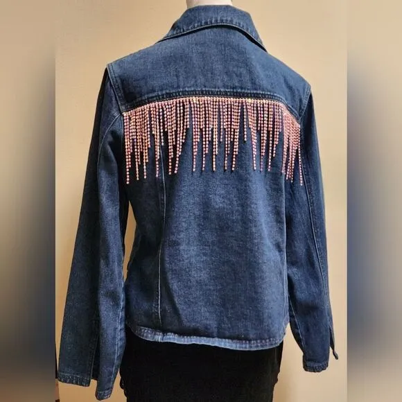 Upcycled Custom Jean Jacket Size 10 With Pink Rhinestone Fringe
