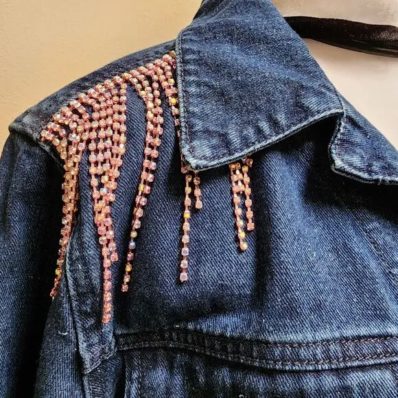 Upcycled Custom Jean Jacket Size 10 With Pink Rhinestone Fringe
