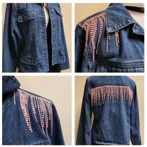 Upcycled Custom Jean Jacket Size 10 With Pink Rhinestone Fringe