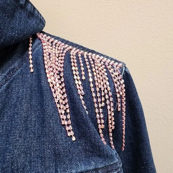 Upcycled Custom Jean Jacket Size 10 With Pink Rhinestone Fringe