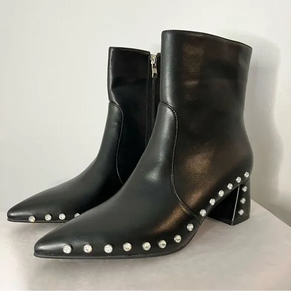 Vaila Diana Rhinestone Trim Black Pointed Toe Mid Calf Boots Black Size 10 NIB