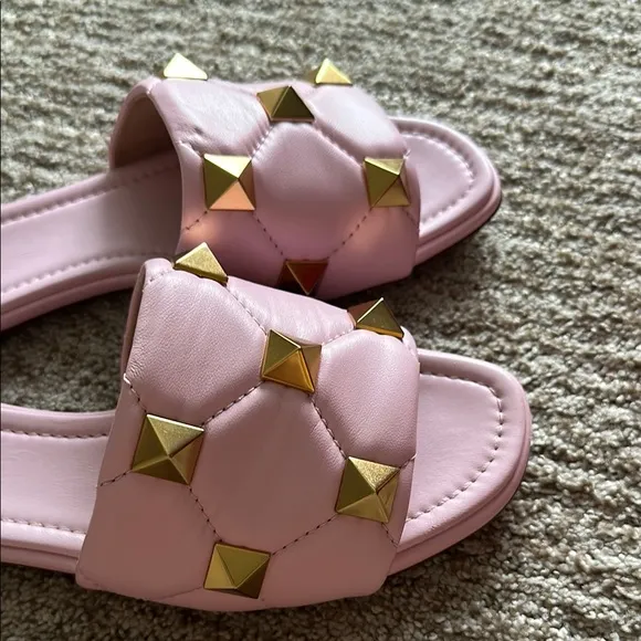 Valentino Pink Slide Sandals with Gold Studs