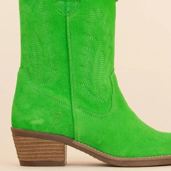 Valery-321 Fabulous Vivid Green Suede Leather Western Cowboy Festival Bootie