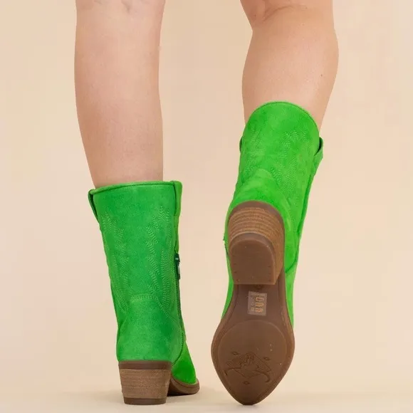 Valery-321 Fabulous Vivid Green Suede Leather Western Cowboy Festival Bootie