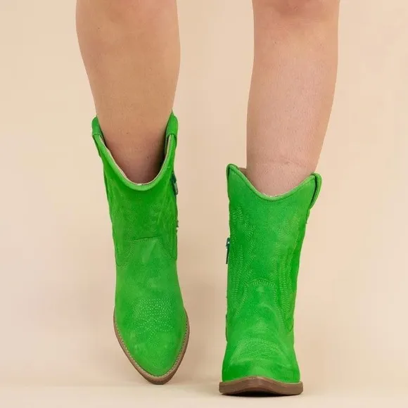 Valery-321 Fabulous Vivid Green Suede Leather Western Cowboy Festival Bootie