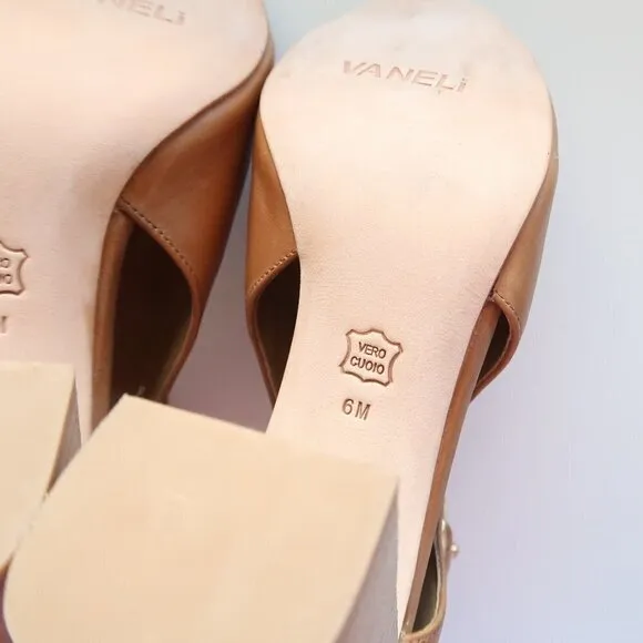 Vaneli Tan Leather Peep Toe Stacked Block Heel Bootie Shoes Ankle Boots Size 6