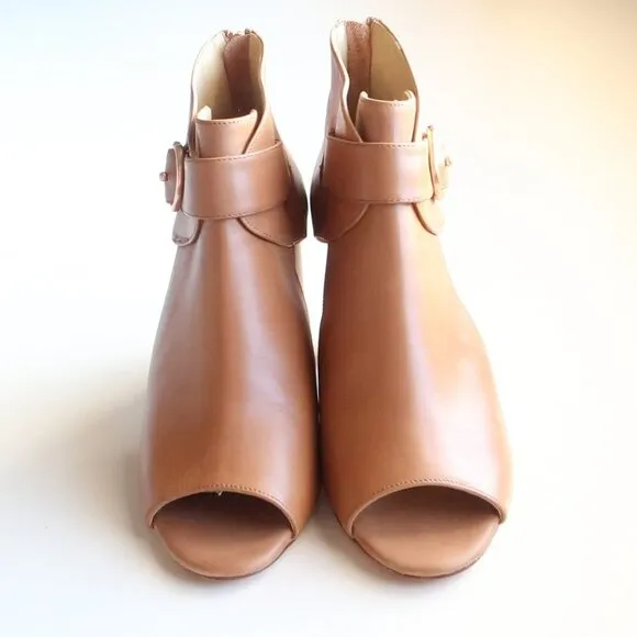 Vaneli Tan Leather Peep Toe Stacked Block Heel Bootie Shoes Ankle Boots Size 6