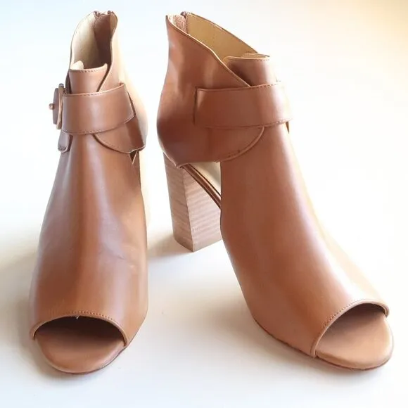 Vaneli Tan Leather Peep Toe Stacked Block Heel Bootie Shoes Ankle Boots Size 6