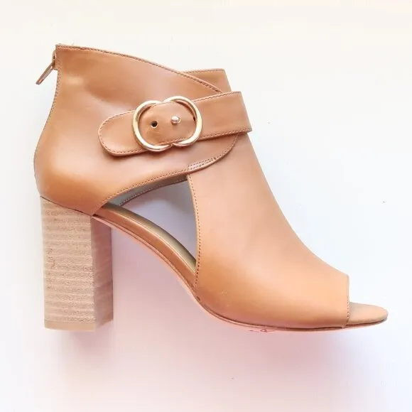Vaneli Tan Leather Peep Toe Stacked Block Heel Bootie Shoes Ankle Boots Size 6