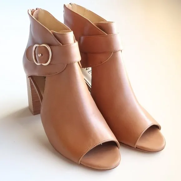 Vaneli Tan Leather Peep Toe Stacked Block Heel Bootie Shoes Ankle Boots Size 6