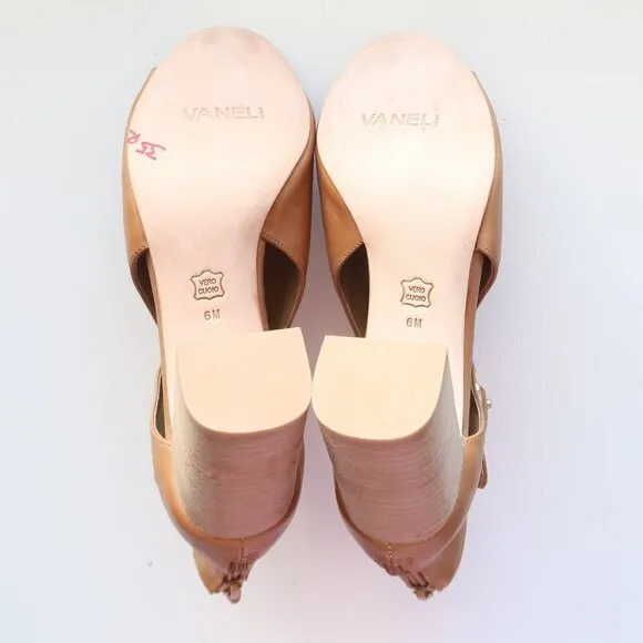 Vaneli Tan Leather Peep Toe Stacked Block Heel Bootie Shoes Ankle Boots Size 6