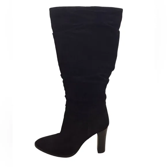Via Spiga Black Suede Ruched Heeled Boots Size 7.5 M