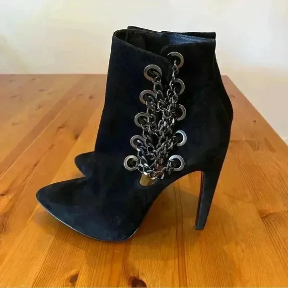 Via Spiga Yolanda Heel Booties Chain Stud Leather Suede Edgy Mobwife
