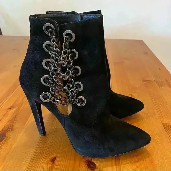 Via Spiga Yolanda Heel Booties Chain Stud Leather Suede Edgy Mobwife