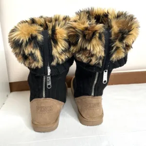 Victorias Secret PINK Wool Slipper Boots Size Medium Black Brown Cheetah Fur 7 8