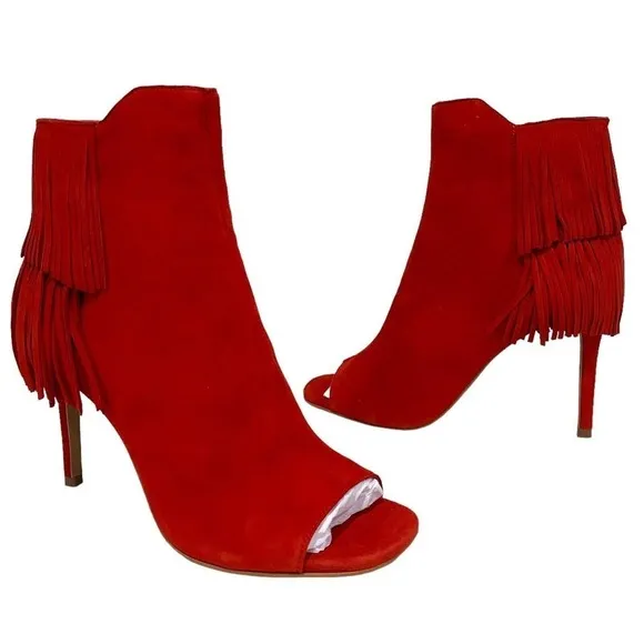 Vince Camuto | Amenala Heeled Boots Red Open Toed Fringe Suede- Size 6.5