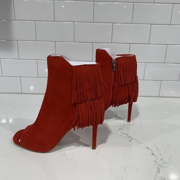 Vince Camuto | Amenala Heeled Boots Red Open Toed Fringe Suede- Size 6.5