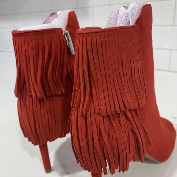 Vince Camuto | Amenala Heeled Boots Red Open Toed Fringe Suede- Size 6.5