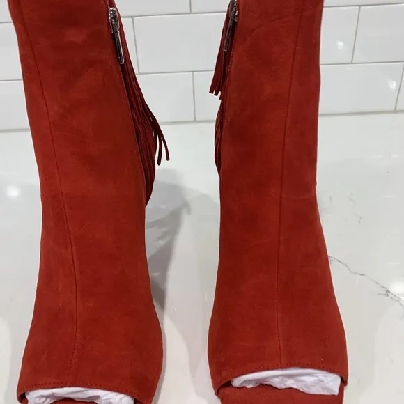 Vince Camuto | Amenala Heeled Boots Red Open Toed Fringe Suede- Size 6.5