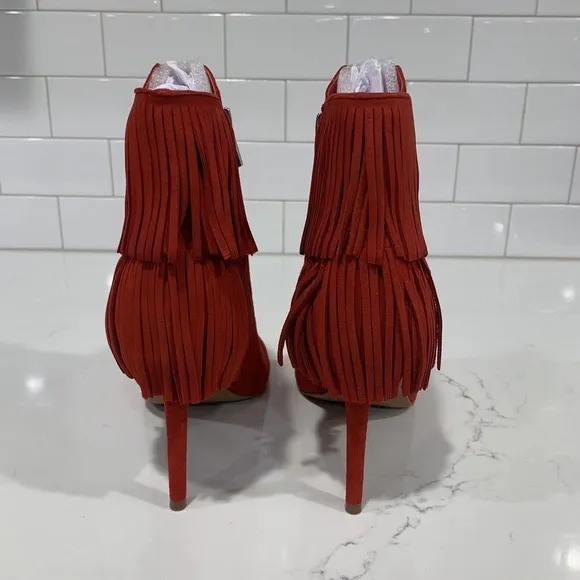 Vince Camuto | Amenala Heeled Boots Red Open Toed Fringe Suede- Size 6.5