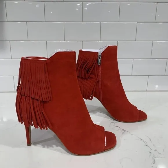 Vince Camuto | Amenala Heeled Boots Red Open Toed Fringe Suede- Size 6.5