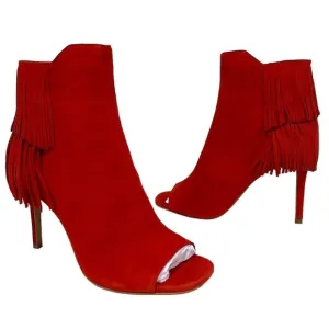 Vince Camuto | Amenala Heeled Boots Red Open Toed Fringe Suede- Size 6.5