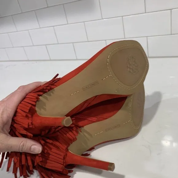 Vince Camuto | Amenala Heeled Boots Red Open Toed Fringe Suede- Size 6.5