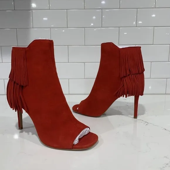 Vince Camuto | Amenala Heeled Boots Red Open Toed Fringe Suede- Size 6.5