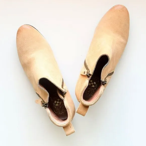 Vince Camuto Beige Suede Leather Almond Toe Block Heel Ankle Boots / Booties 6 M