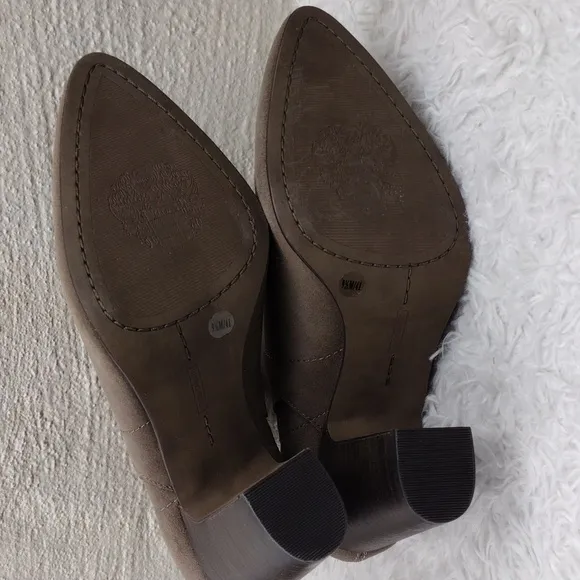 Vince Camuto Brown Suede Leather Pointed Toe High Block Heel Slip On Ankle Boot