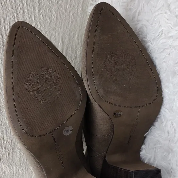 Vince Camuto Brown Suede Leather Pointed Toe High Block Heel Slip On Ankle Boot