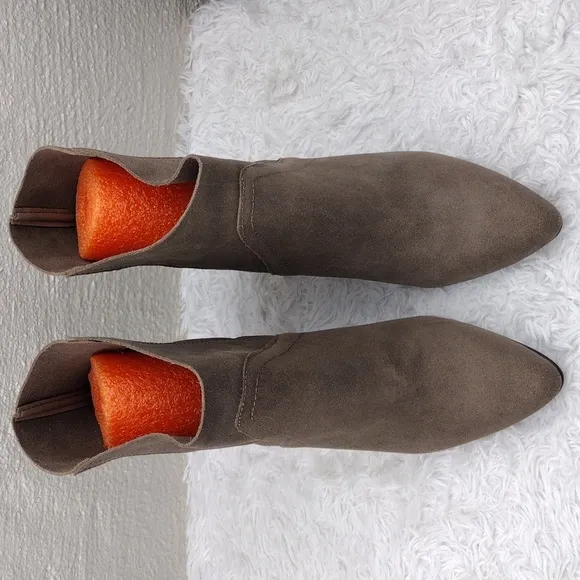 Vince Camuto Brown Suede Leather Pointed Toe High Block Heel Slip On Ankle Boot