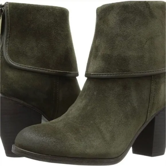 Vince Camuto Hamilton Green Suede Leather Block Heel Ankle Boots Booties 7.5