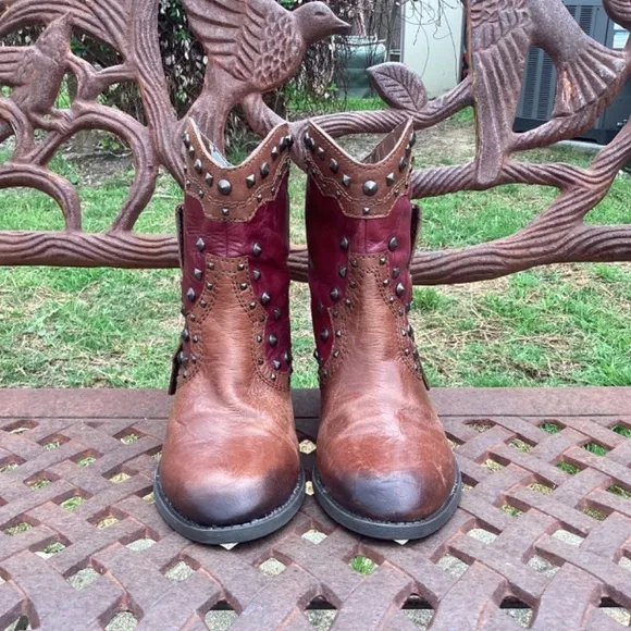 Vince Camuto Madalissa Leather Distressed Studded Almond Toe Ankle Booties