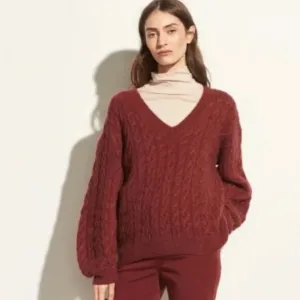 Vince Maroon Cable Knit Mohair Alpaca Blend V-neck Sweater sz XS