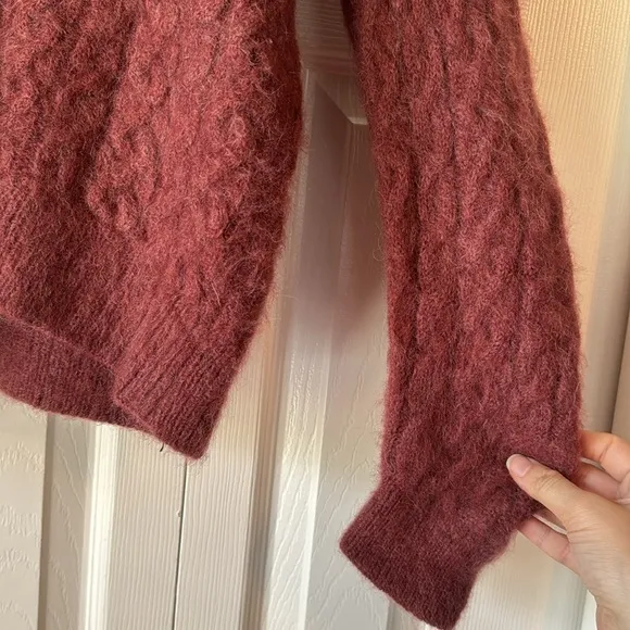 Vince Maroon Cable Knit Mohair Alpaca Blend V-neck Sweater sz XS